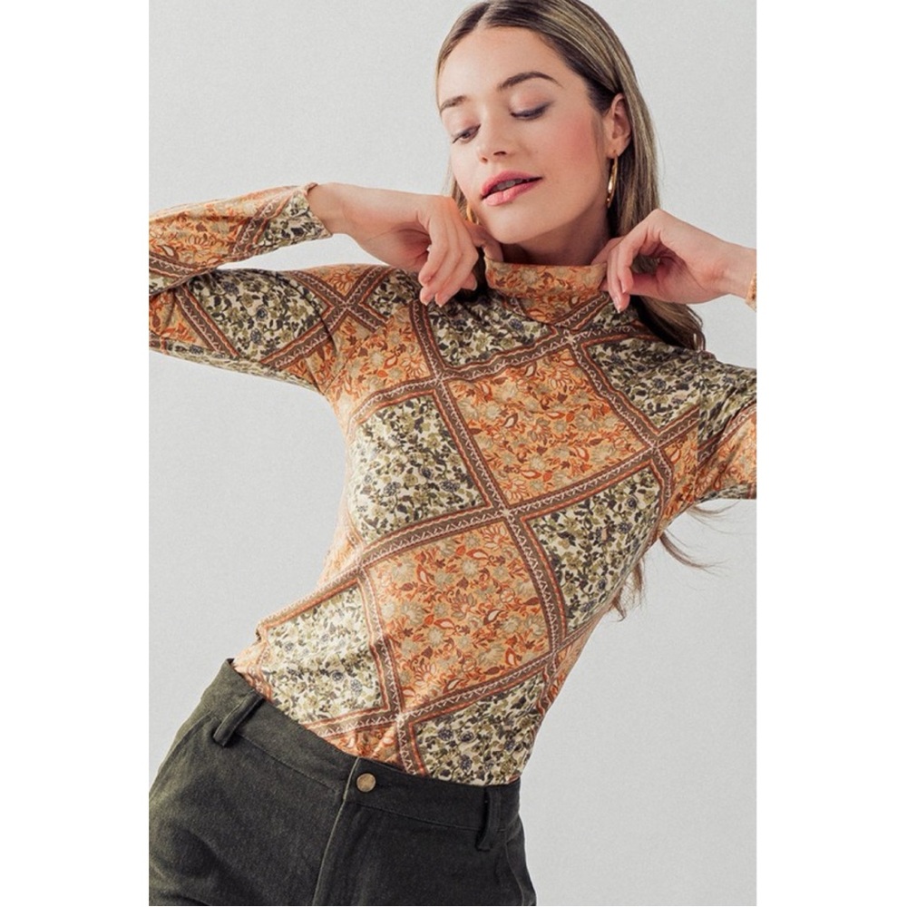 New Muted Autumn Art Nouveau Floral Diamond Pane Mock Neck Long Sleeve Top. Sz S - Picture 9 of 11